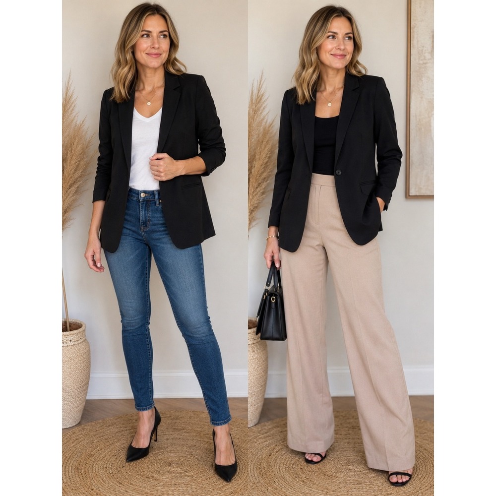 Eileen Fisher Black Viscose Wool Blend Single Button Blazer Jacket Size 10
